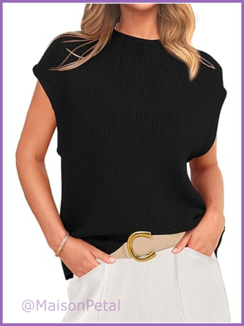 Ribbed Knit Mock Neck Cap Sleeve Sweater Vest Women Work Top